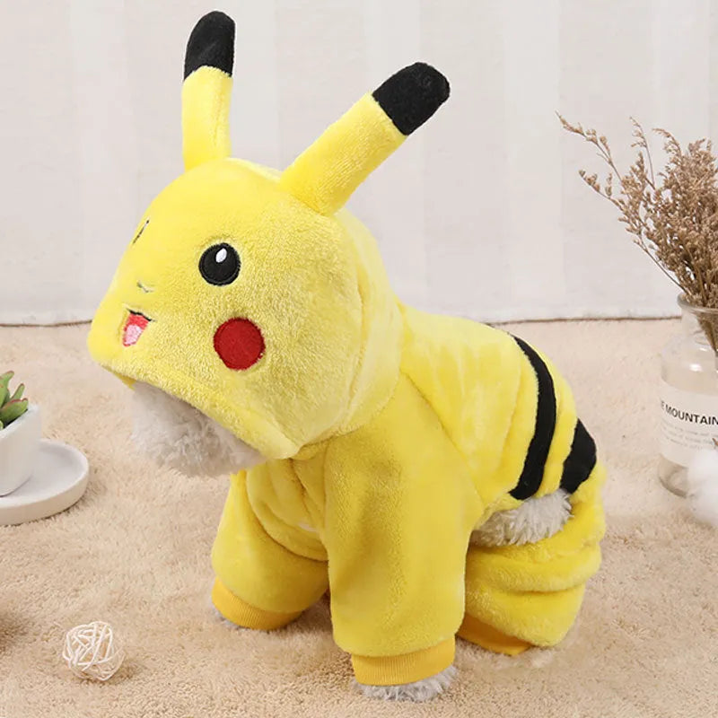 Cute cartoon-style fleece hoodie coat on a small cat or dog for autumn and winter.