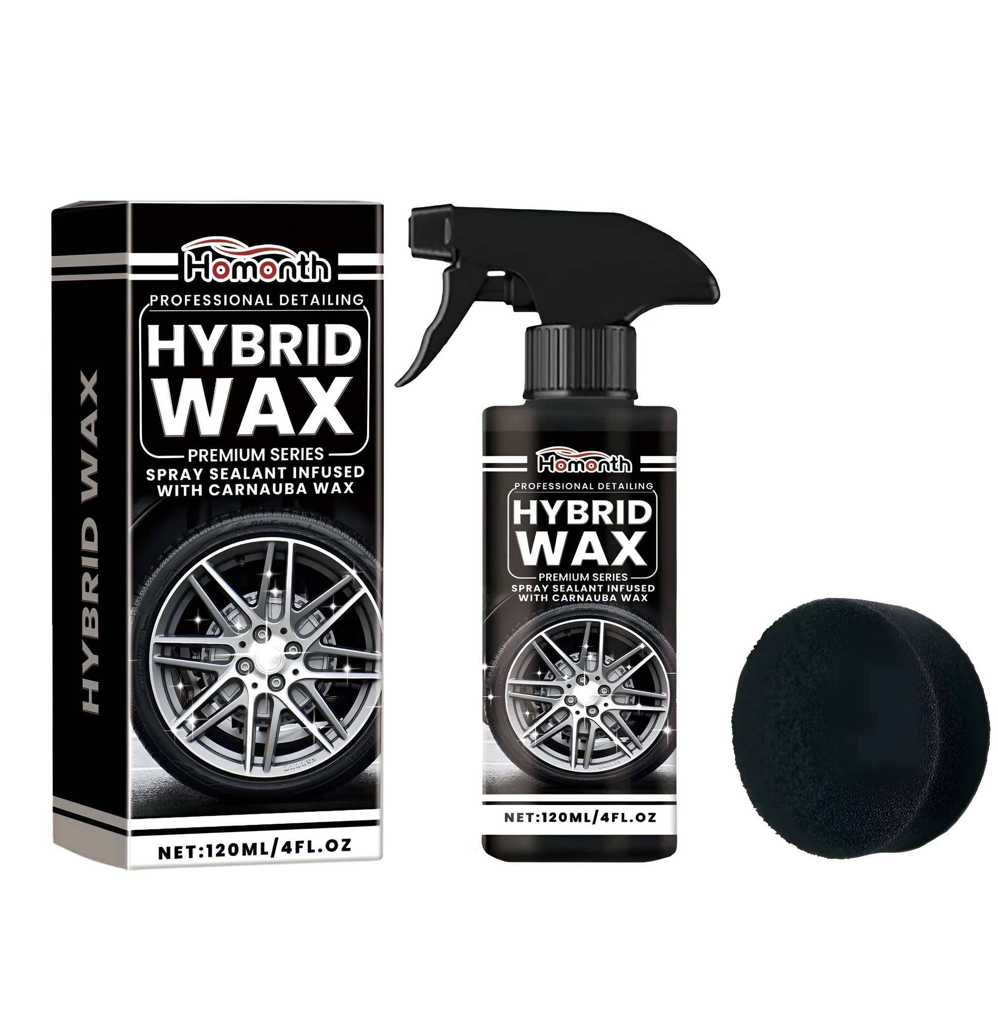 Hybrid Wax tyre gloss spray 120ml with sponge including deionized water silicon dioxide polymethyl methacrylate polysiloxane carnauba wax for car tyre shine and protection 4.5x17.5cm spray 6.5x6.5x2cm sponge