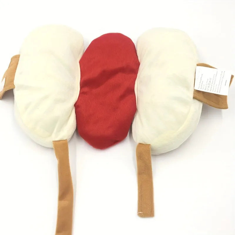 Brown and beige stuffed hot dog dog costume outfit on small dog for winter clothing and party cosplay