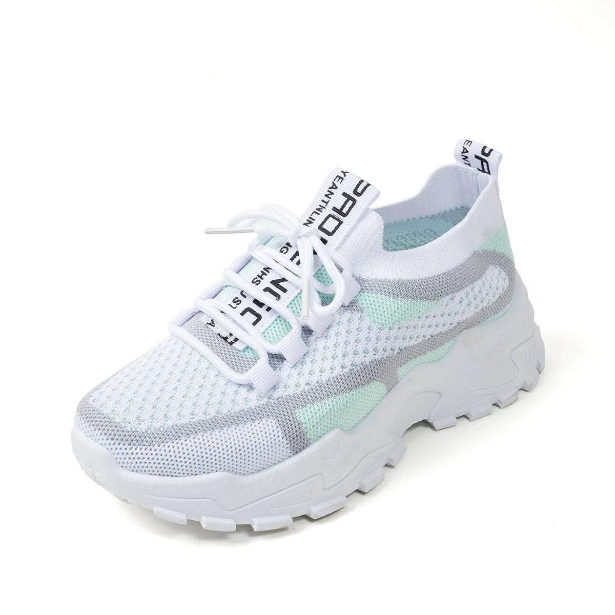 Women's Flyknit mesh lace-up sneakers in various colours with low flat heel and rubber sole