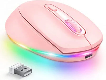 24g rechargeable wireless mouse in various colours, shown with USB charging cable.