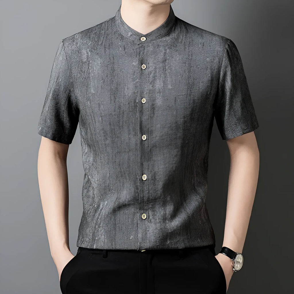 Men's solid colour stand collar linen blend shirt in loose cardigan style