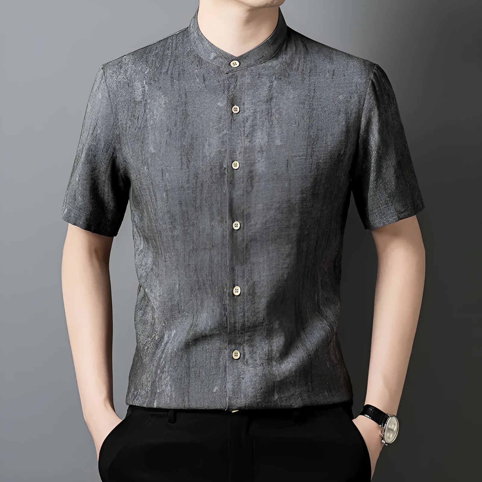 Men's solid colour stand collar linen blend shirt in loose cardigan style