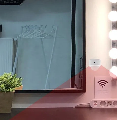 White infrared body sensor with 33mm by 28mm dimensions for home security using ZigBee 3.0 connectivity