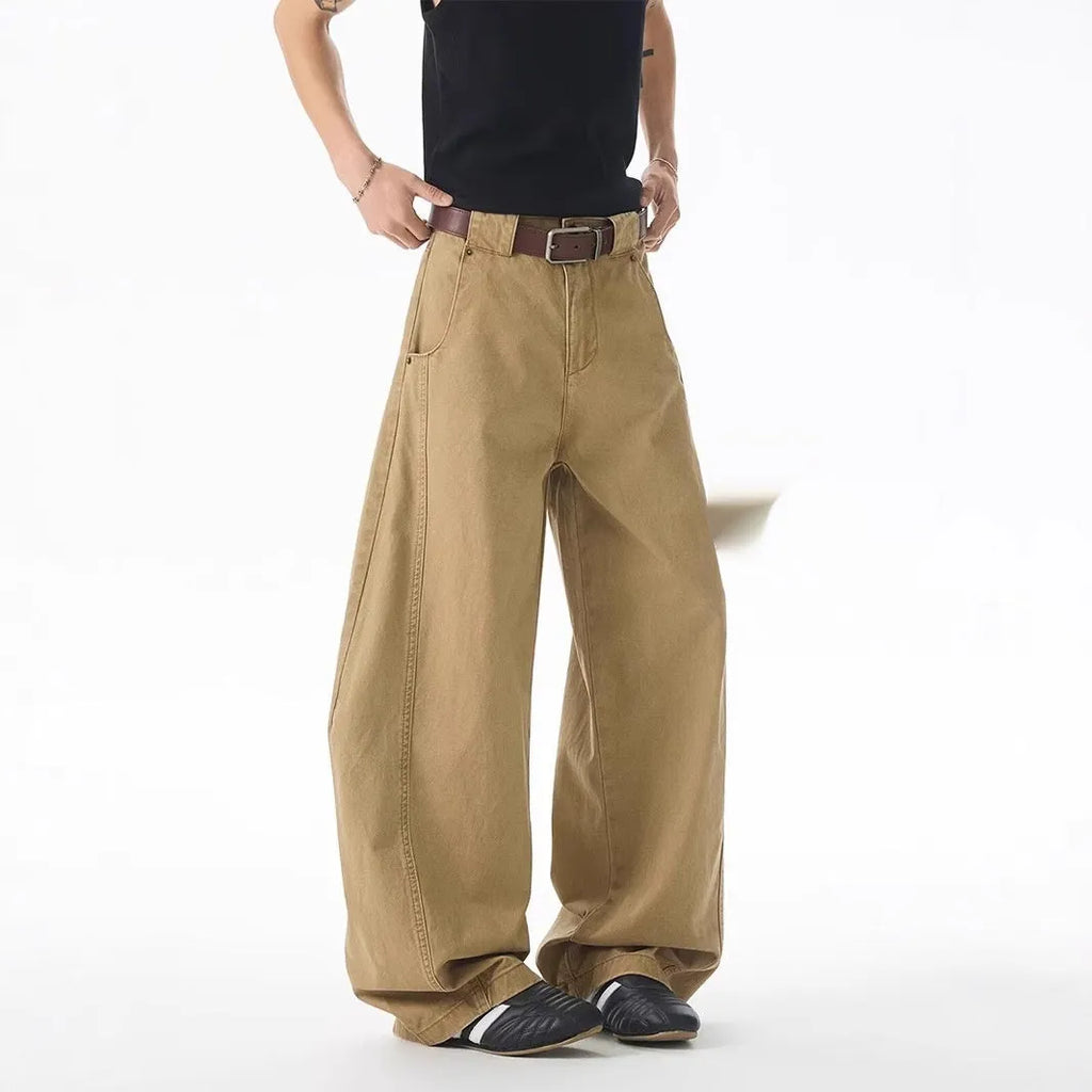 Brown Korean style loose fit men's jeans trousers with straight leg design and cardigan button fly