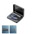 Black Bluetooth earphones with hanging ear design, shown with a charging case and spare ear caps.