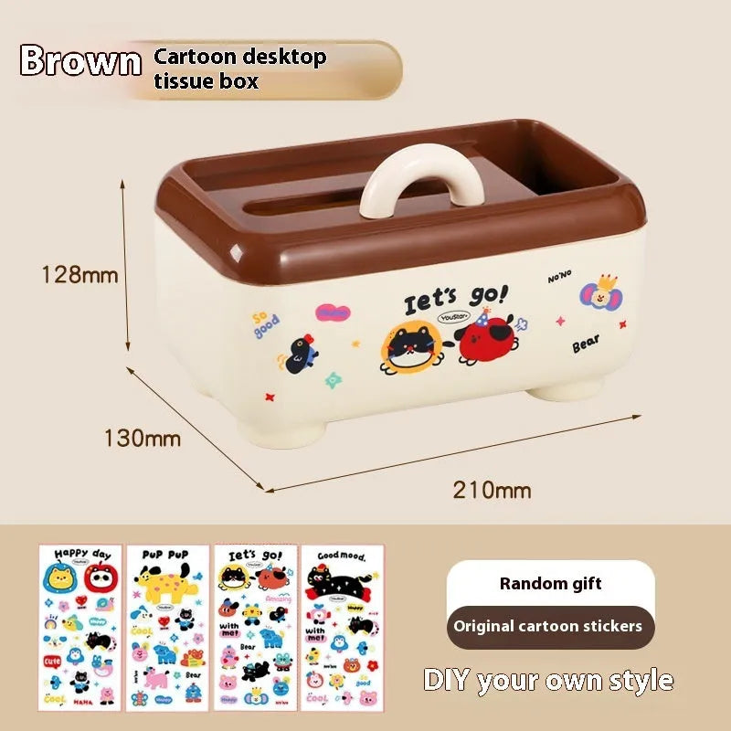 Cartoon style desktop storage organiser with multiple compartments including pen holders, storage boxes and flap trash can