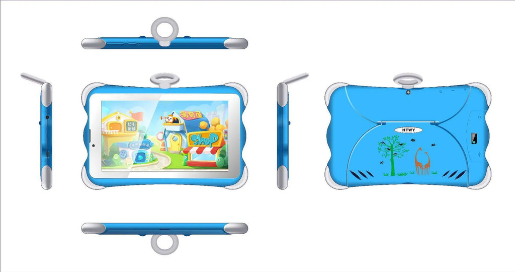 Children's 7-inch learning tablet in cartoon colours with protective stand and charger