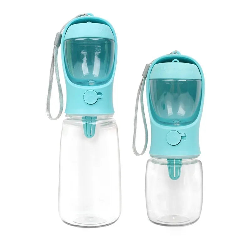 Blue dual-use plastic dog water cup with bottle and bowl design for outdoor walks.