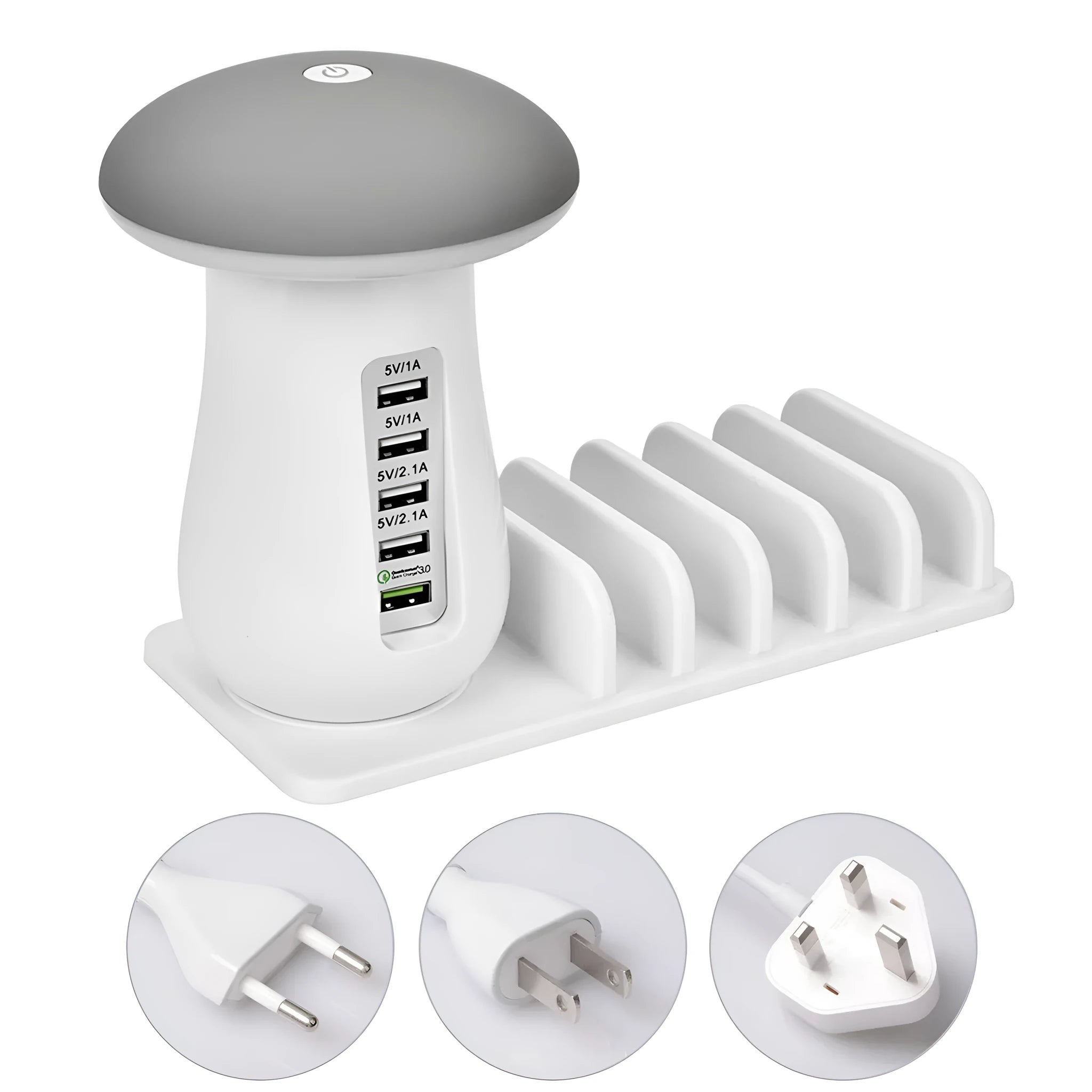 White mushroom-shaped USB charging dock station with 5 ports and integrated LED night light on desk