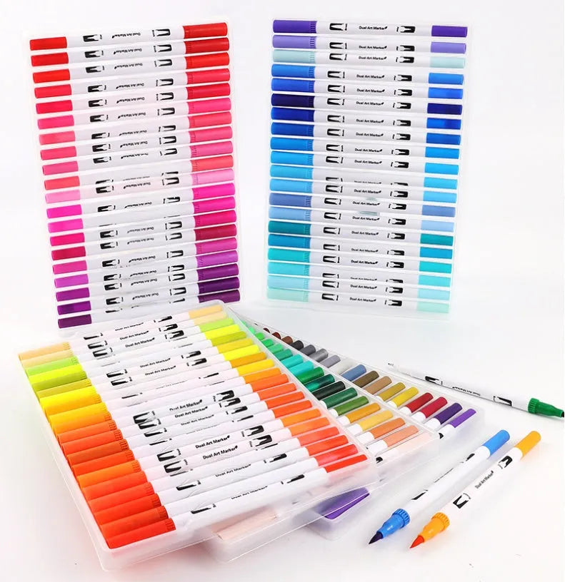 Set of watercolour brush pens with fine tips arranged by colour, showing options for 48, 60, 72, and 100 colour packs.