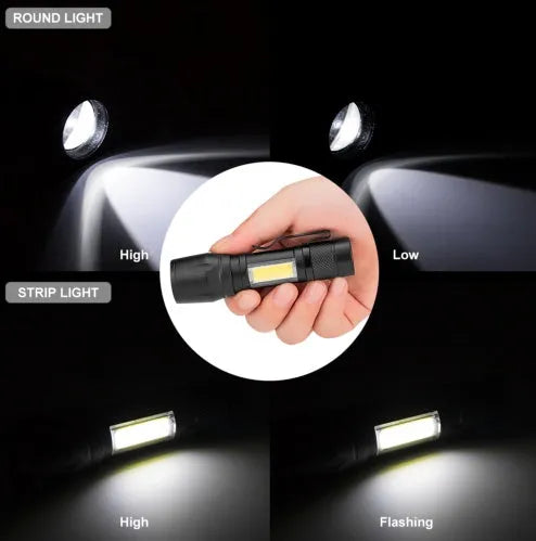 Black mini aluminium alloy telescopic LED flashlight with zoom focus and pocket clip.