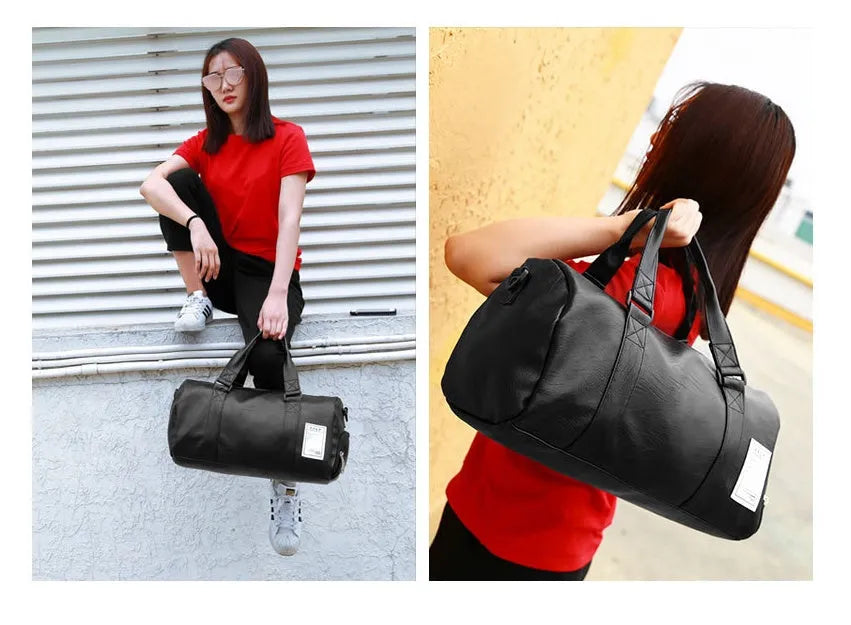 Black waterproof sports bag with diagonal straps and a separate shoe compartment, shown in large and small sizes.