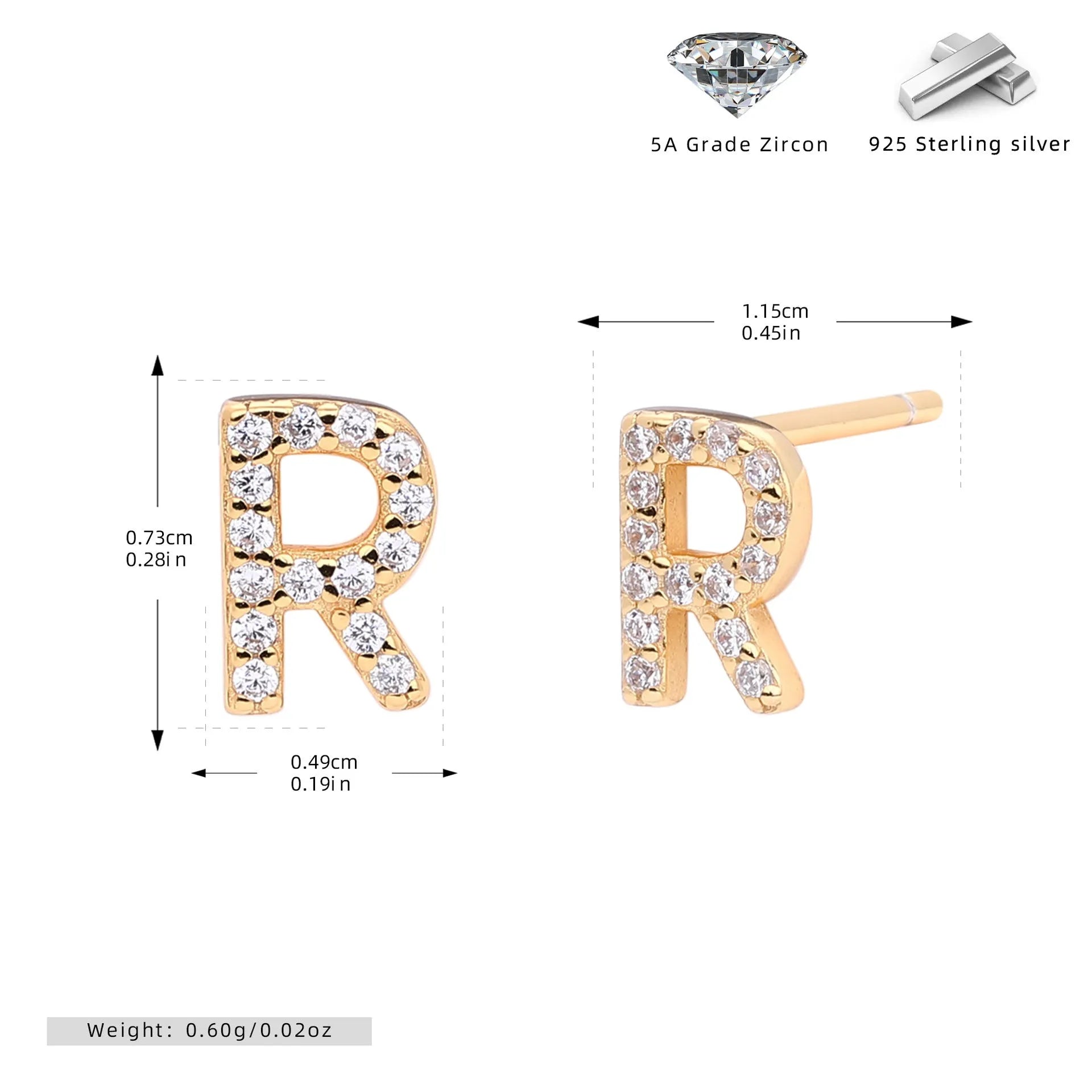 925 silver letter ear stud with electroplated gold finish, alphabet motif