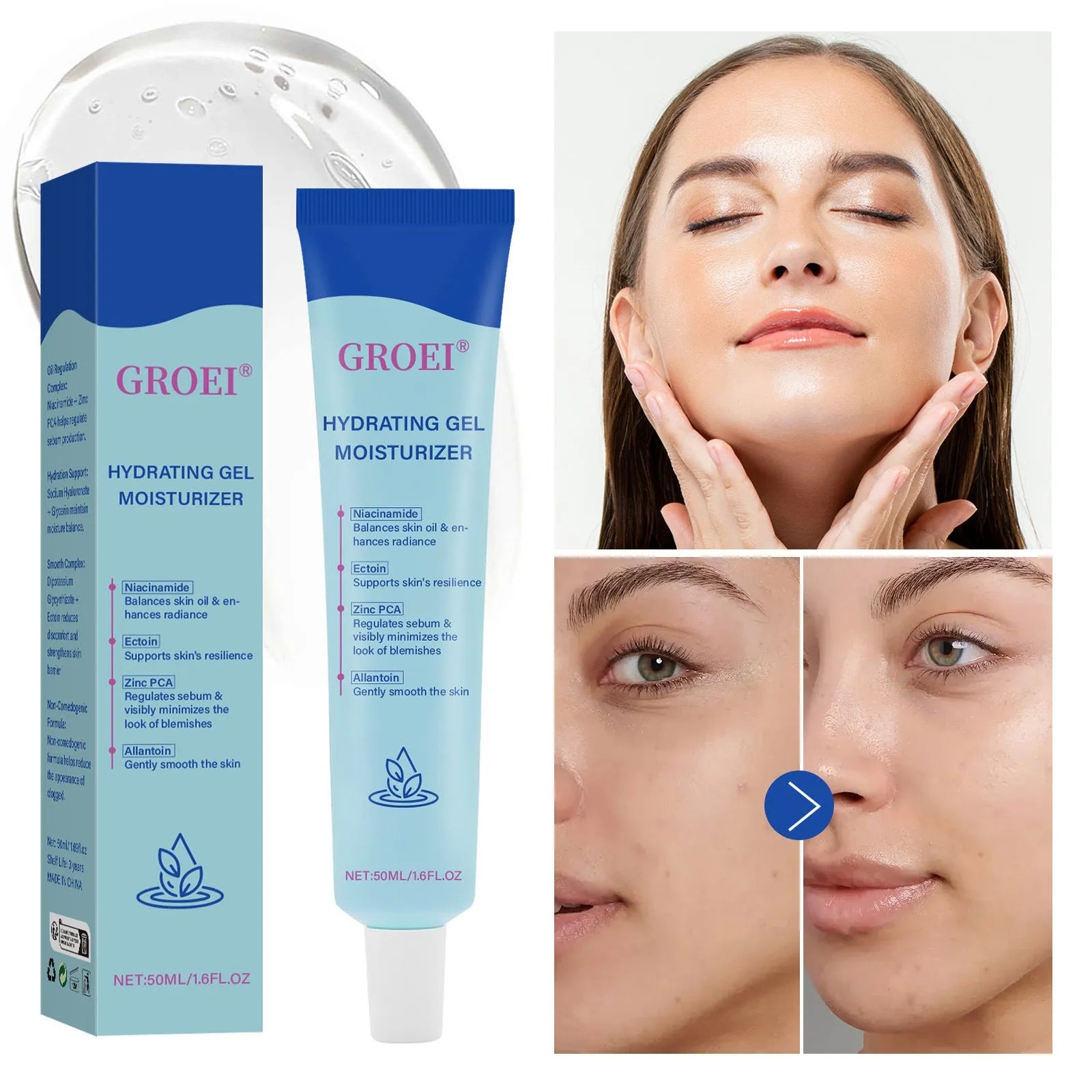 50ml jar of hyaluronic acid moisturising facial gel for skin hydration.