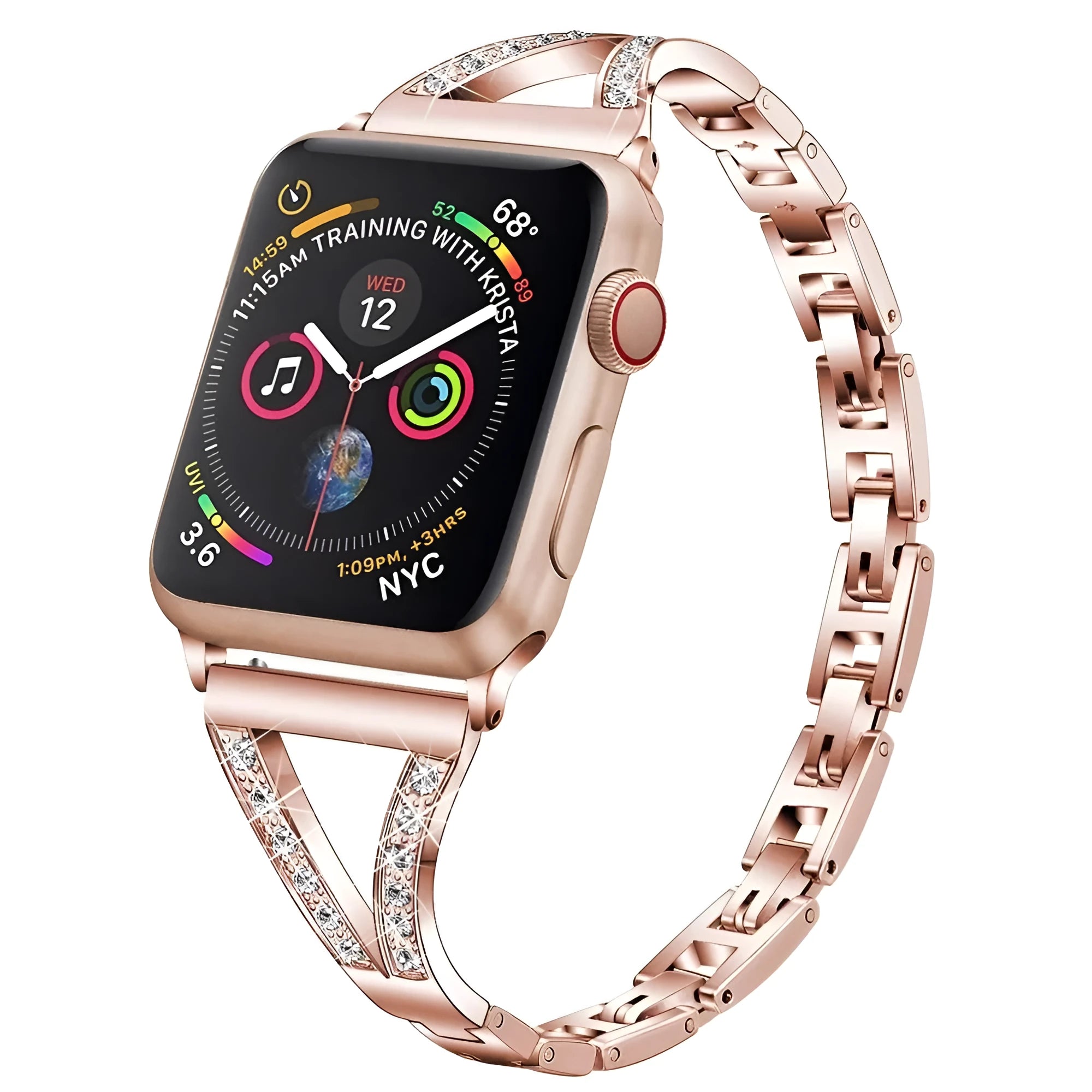 Stainless steel watch band with embedded diamonds in rose gold colour