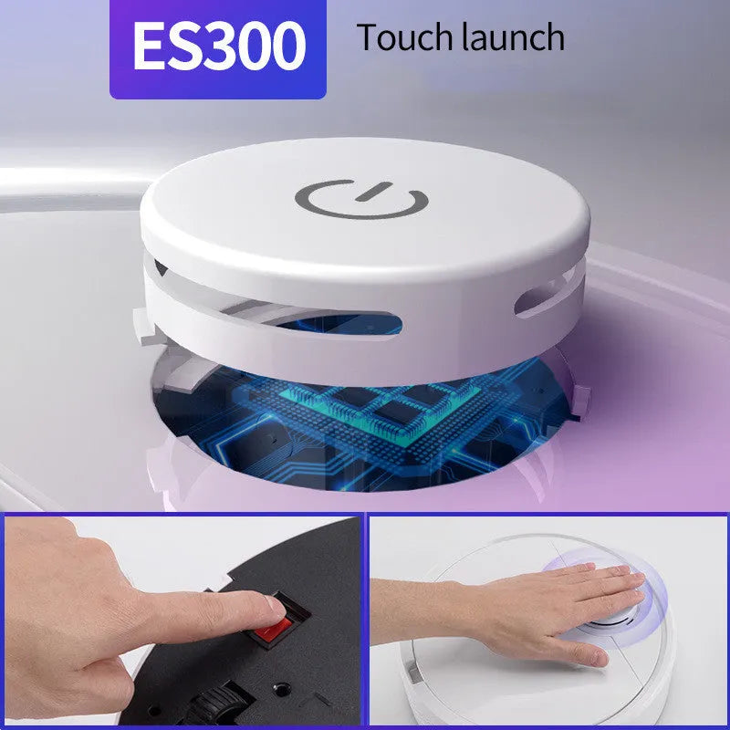 Automatic sweeping robot with compact square design on a wooden floor