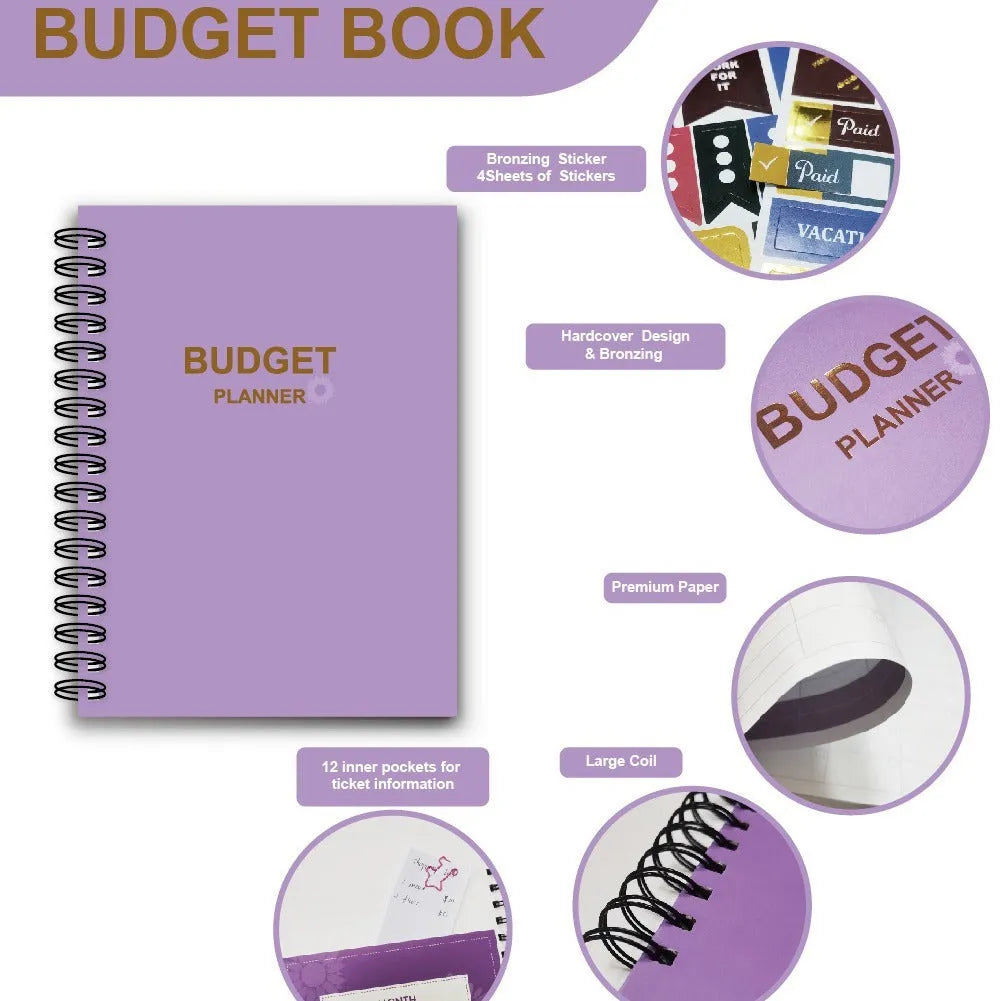 Purple coil-bound budget book set with pen, stickers and paper clips for financial planning