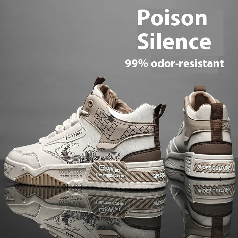 Men's high-top casual board shoes in beige, white, and blue colour options showing lace-up design