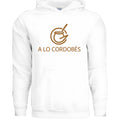 White drop-shoulder loose hoodie with kangaroo pocket and printed design on polyester fabric