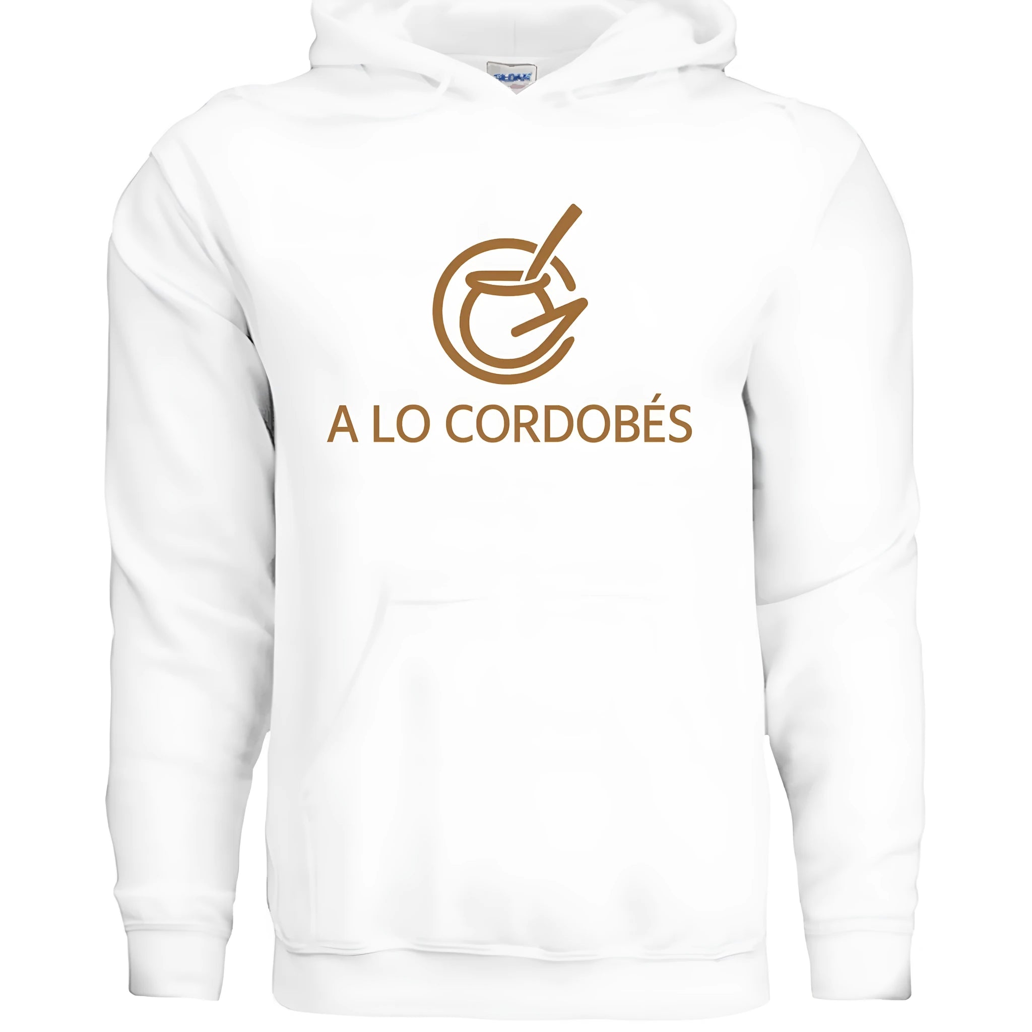 White drop-shoulder loose hoodie with kangaroo pocket and printed design on polyester fabric