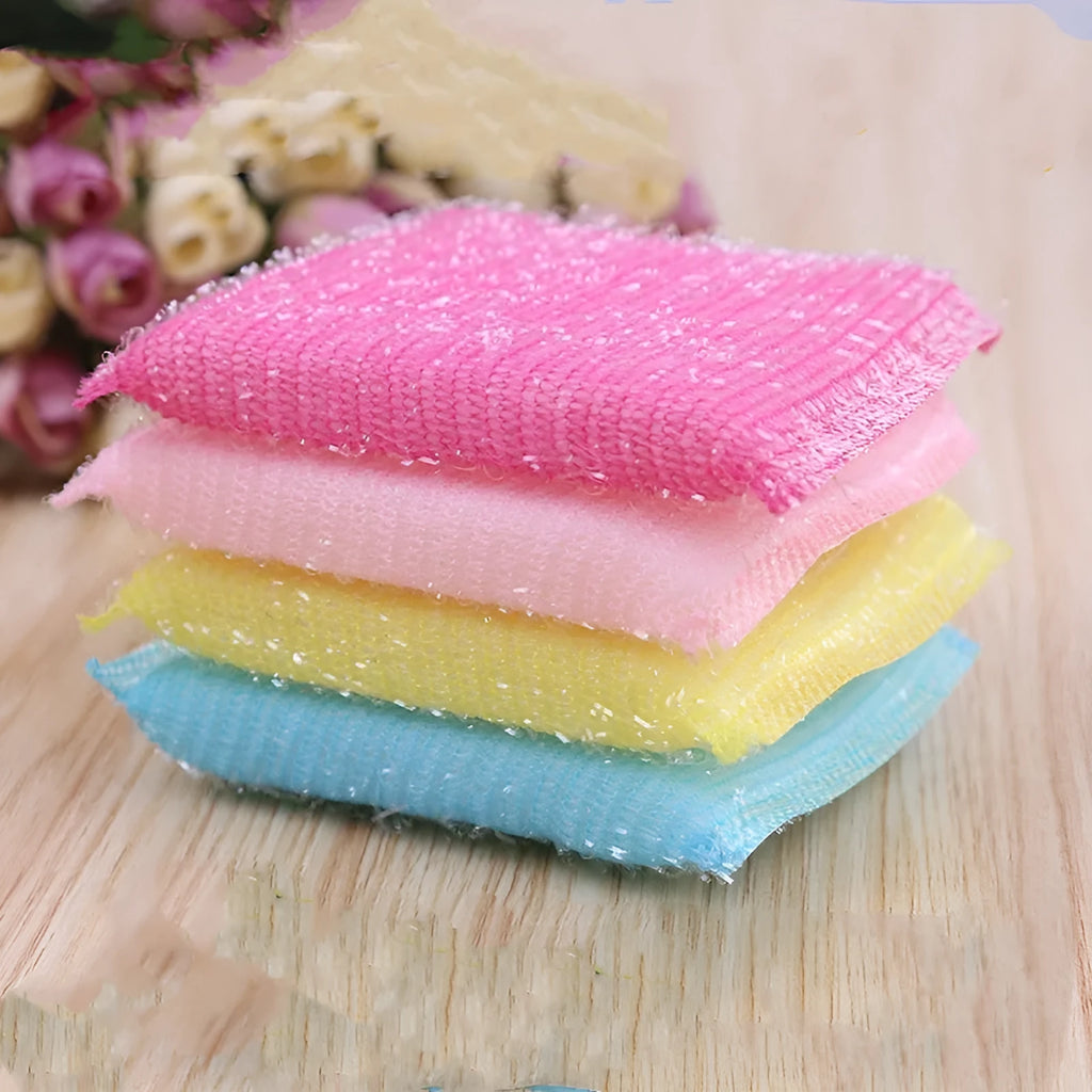 Macaron coloured pinstripe fabric dishwashing sponge mop with plastic handle on a kitchen surface.