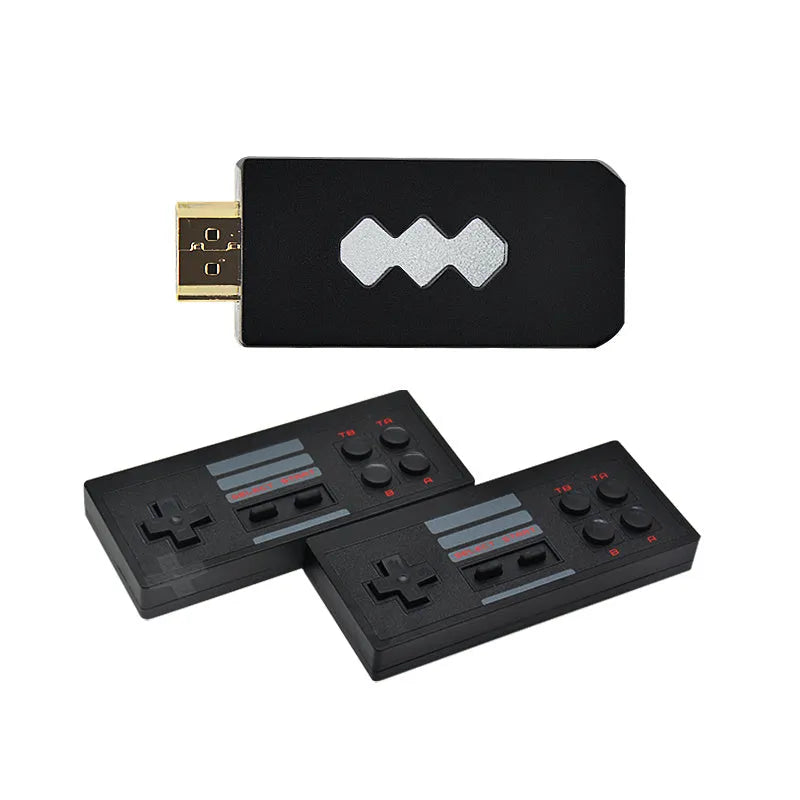 4K HDMI video game console with two black wireless controllers on a table
