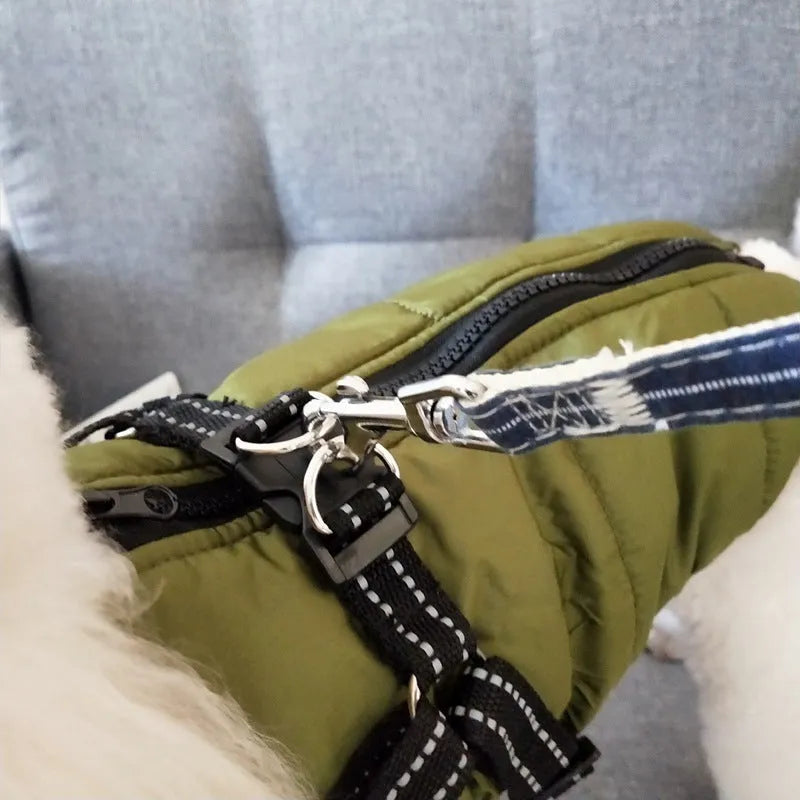 Waterproof dog coat with harness opening in rain silk material available in multiple colours and sizes