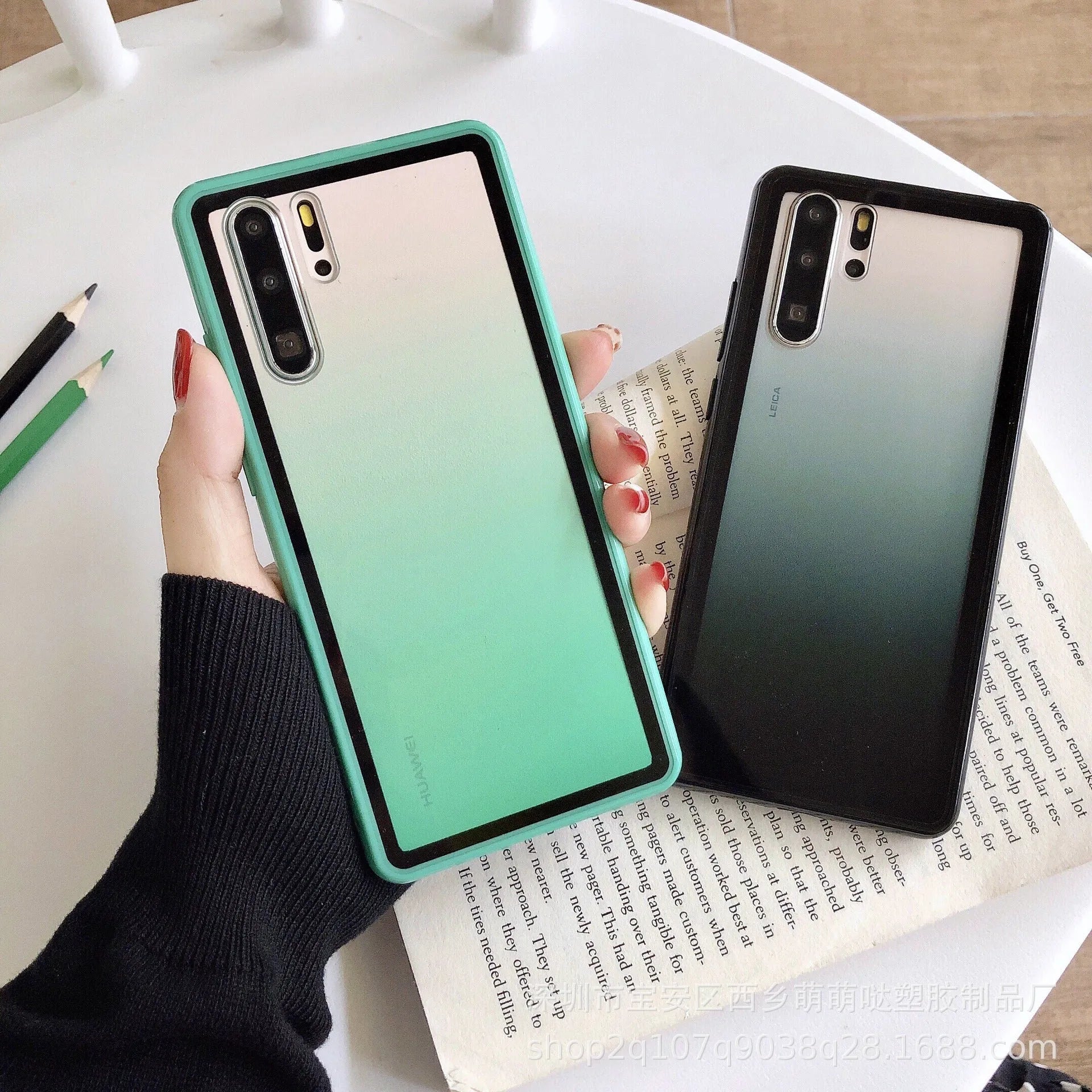 Rainbow glitter transparent phone case for Huawei smartphone in black green orange pink colours
