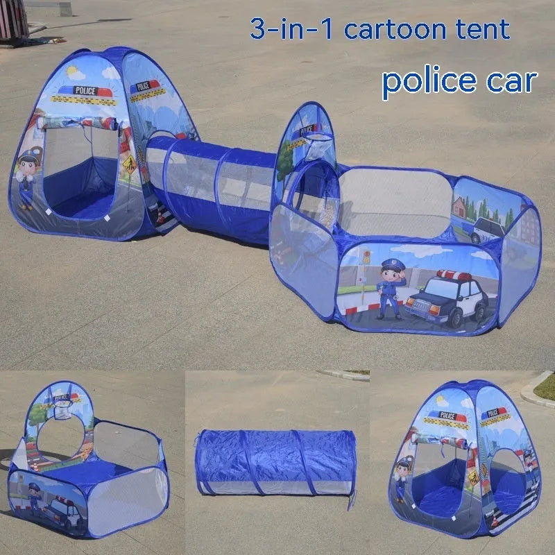 Three-in-one children's cloth tent set with ball pool and tunnel in cartoon submarine theme