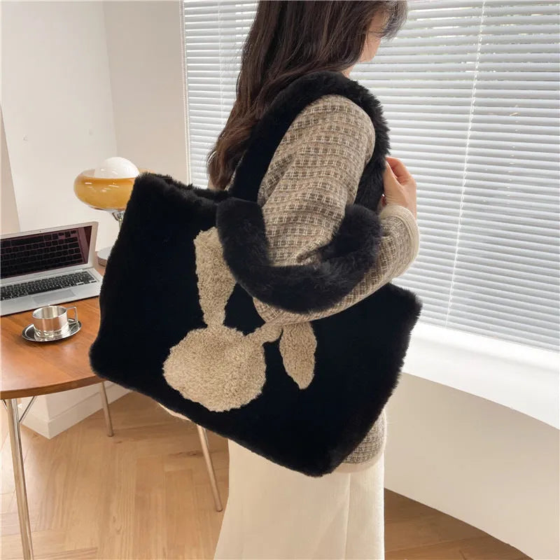 Cartoon rabbit ears plush shoulder bag in multiple colour options with large capacity