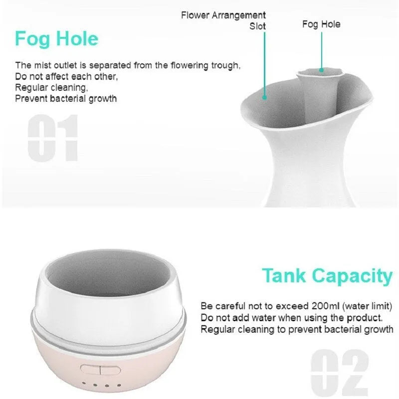 White or pink ultrasonic essential oil diffuser with 200ml tank, night light, and control buttons.