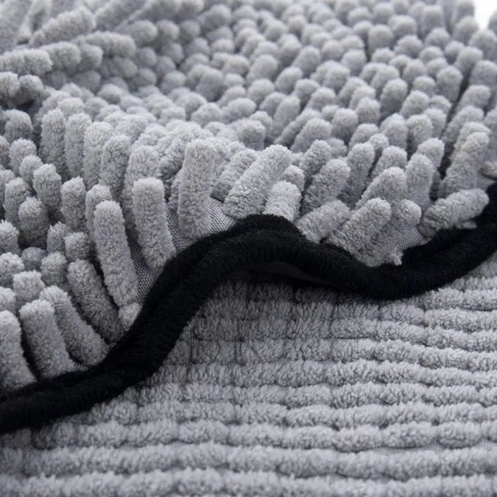 Blue pet bath robe towel with absorbent quick-dry fibre, shown at 62 cm by 23 cm size.