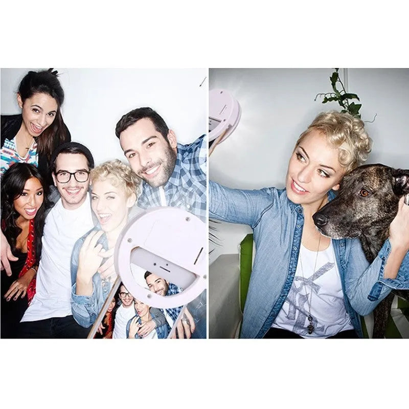 Clip-on selfie ring light attached to mobile phone for photography lighting