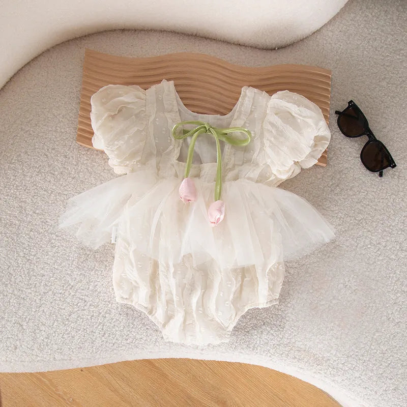 Baby triangle jumpsuit romper in apricot with pullover style and short sleeves