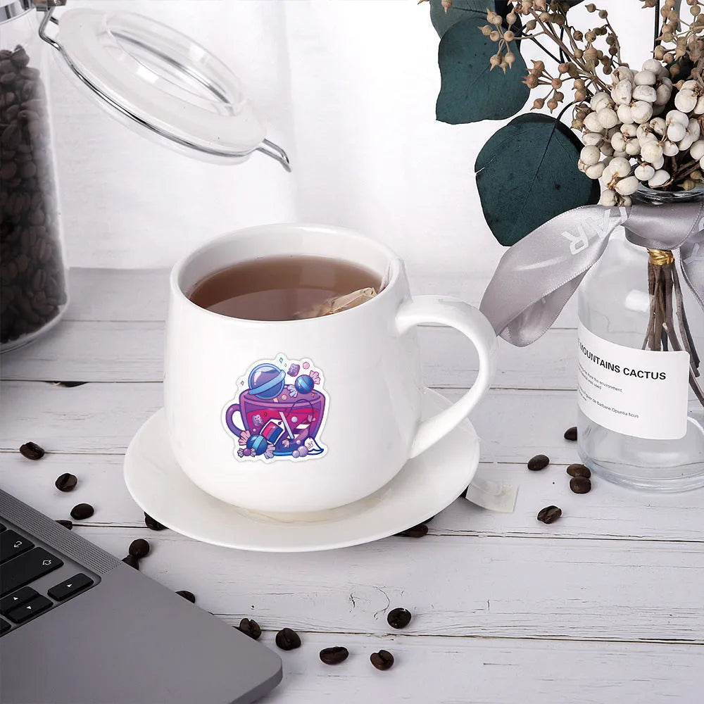 Colourful tea cup graffiti design waterproof vinyl stickers pack of 50 for DIY customisation