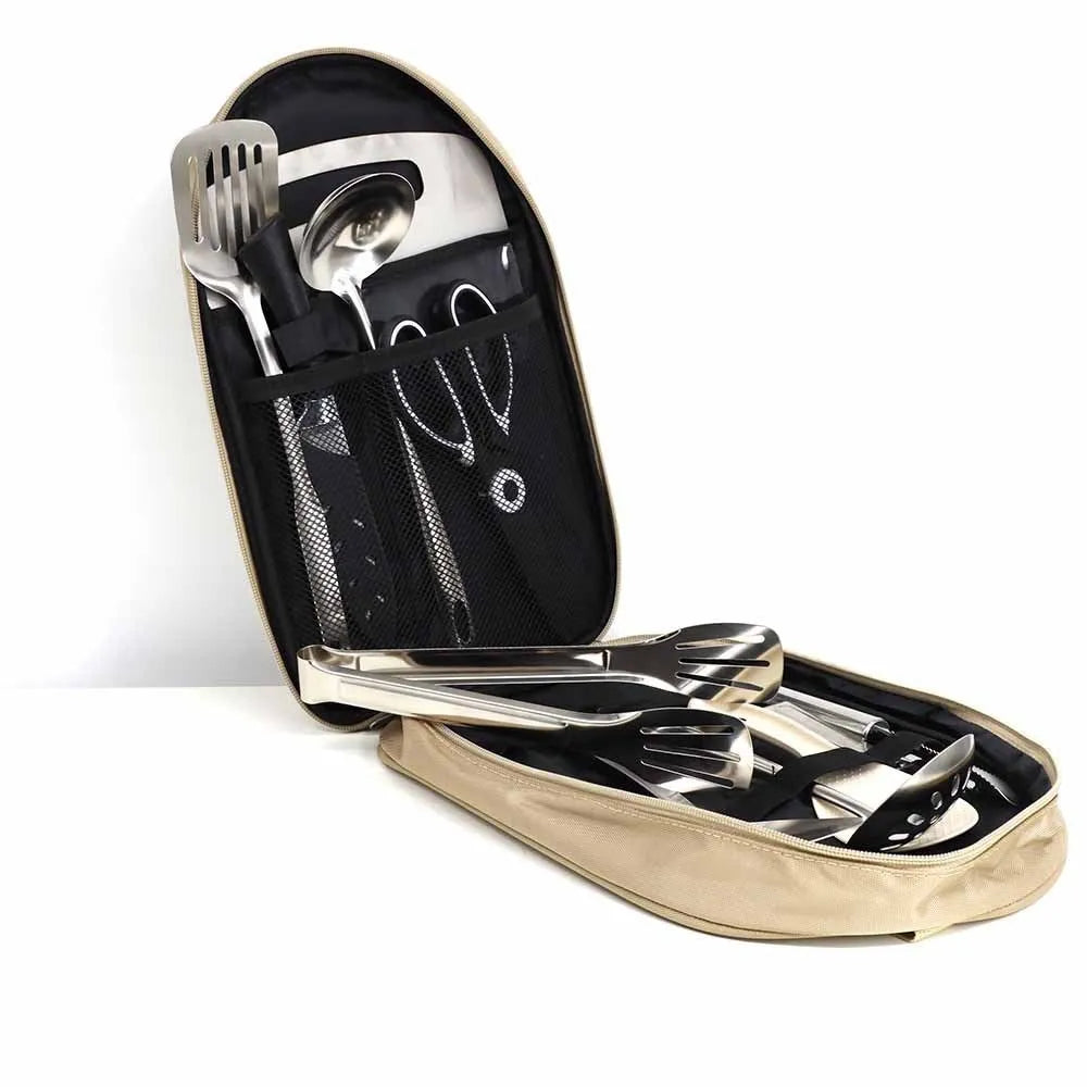 Portable khaki fabric bag containing a 12-piece stainless steel picnic cutlery set with knives, forks, spoons, and chopsticks.
