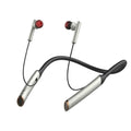 Simple neck hanging Bluetooth headphones in silver and black ABS plastic on display