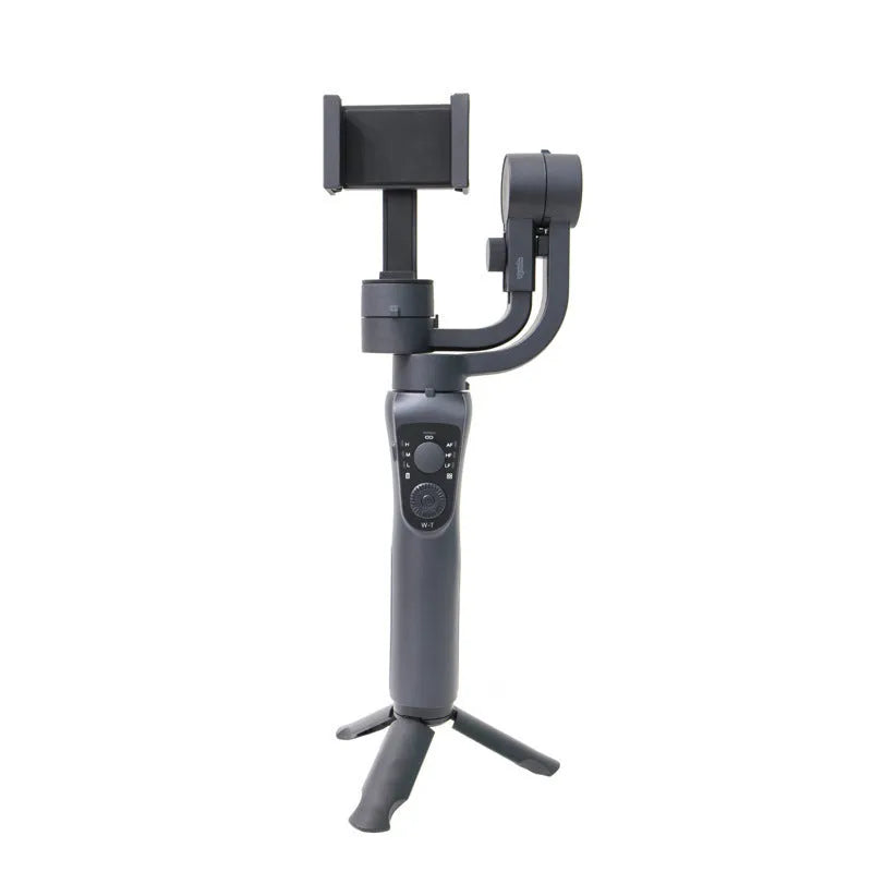 Black three-axis handheld gimbal stabilizer for mobile phones showing PTZ unit and handle