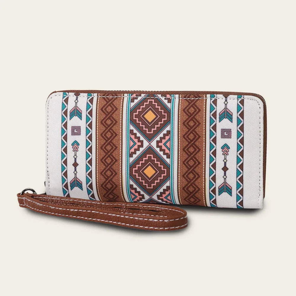 Bohemian stripe pattern canvas RFID wallet with wind belt design
