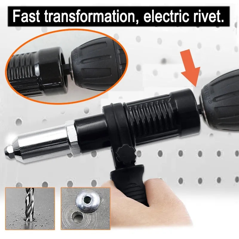 Black metal electric rivet gun 173mm long with alloy steel forged head and three-jaw chuck