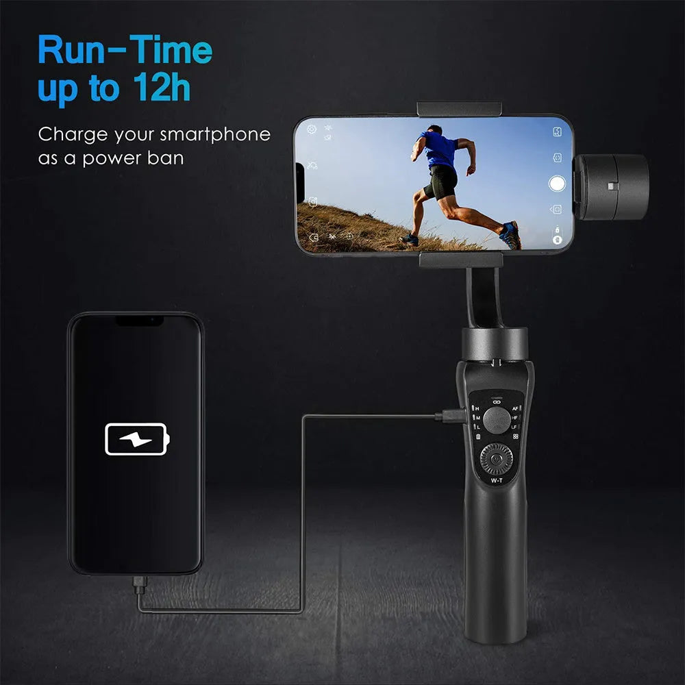 Black three-axis handheld gimbal stabilizer for mobile phones showing PTZ unit and handle