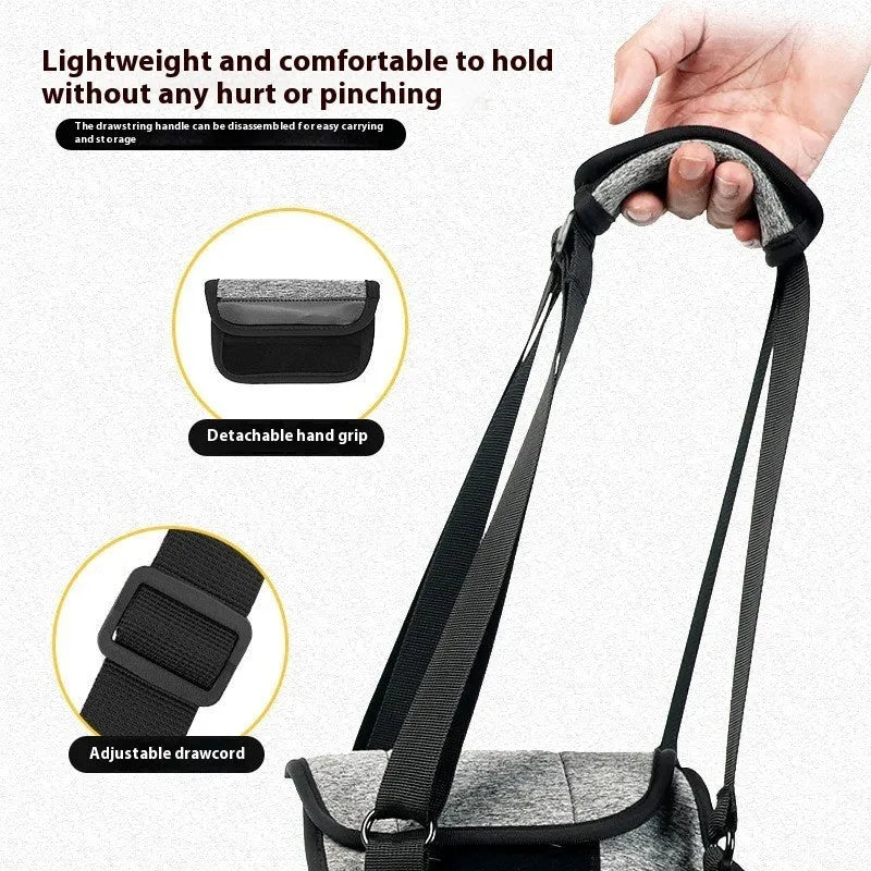 Grey neoprene dog rear leg recovery belt with adjustable straps shown on size chart