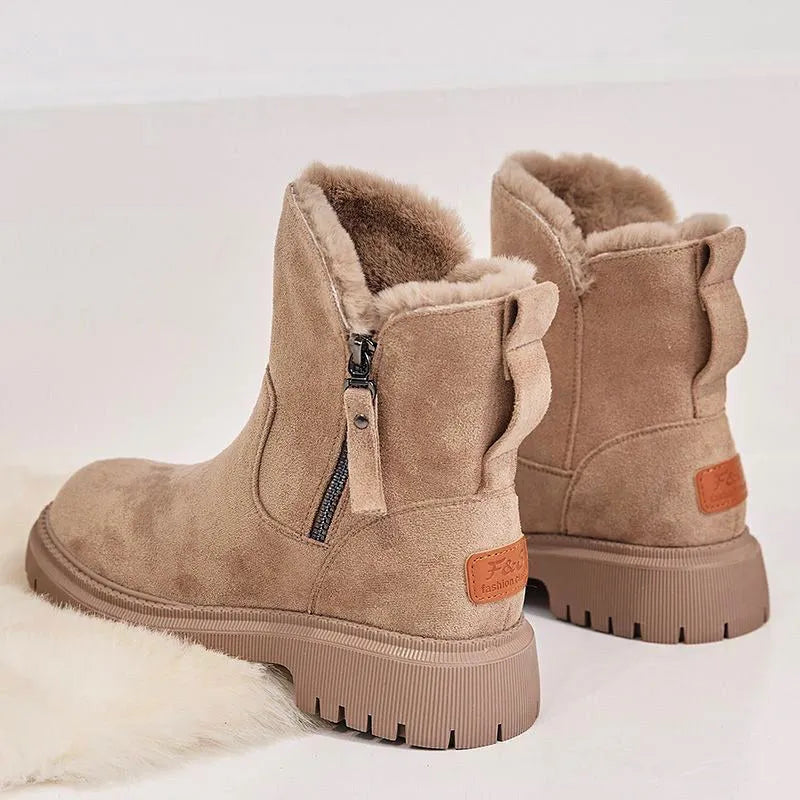 Women's black thick plush snow boots with side zipper and high top design.
