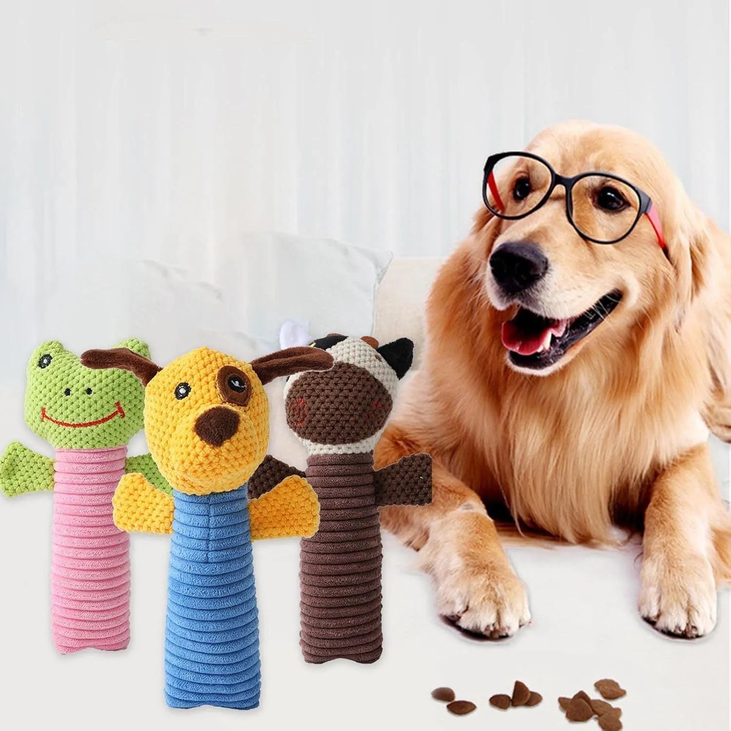 Dog squeaky chew toy in stuffed animal shape for dental cleaning and teething relief