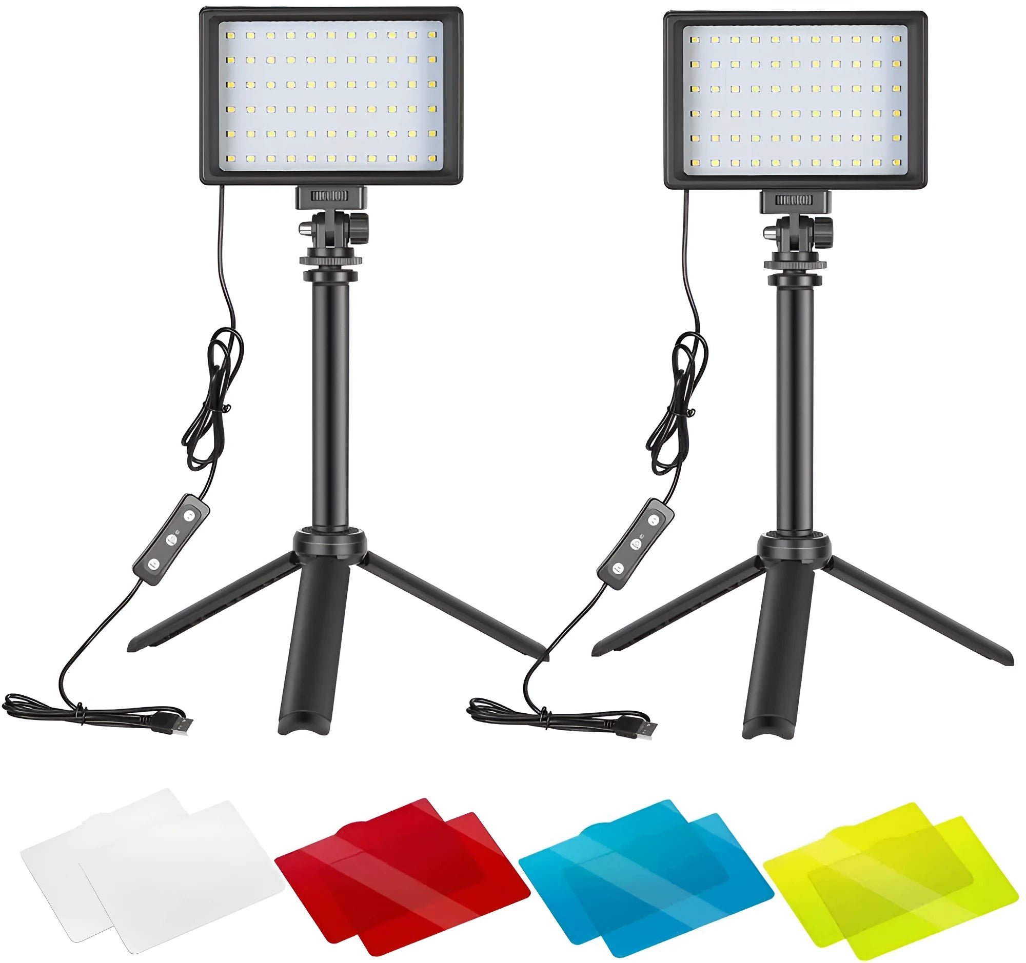 Neewer 2 pack portable LED panel light with mini tripod and extension stick on a tabletop