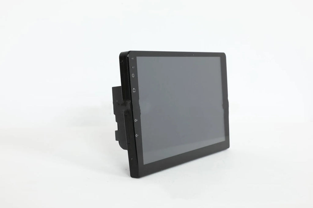 Black 10.1 inch Android car stereo touchscreen head unit with GPS antenna and connection cables
