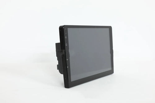 Black 10.1 inch Android car stereo touchscreen head unit with GPS antenna and connection cables
