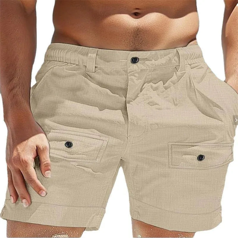Men's linen beach shorts with elastic waistband and button pockets in white or khaki colours