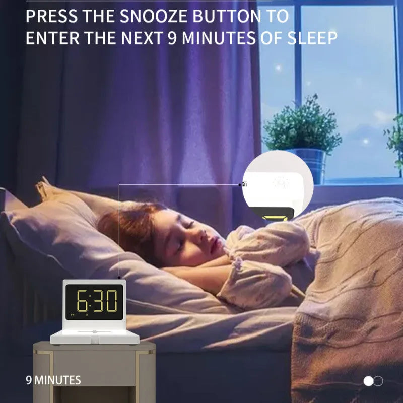Clock-style wireless fast charger in black with dual USB outputs and Type-C interface, 115 x 107 x 91 mm